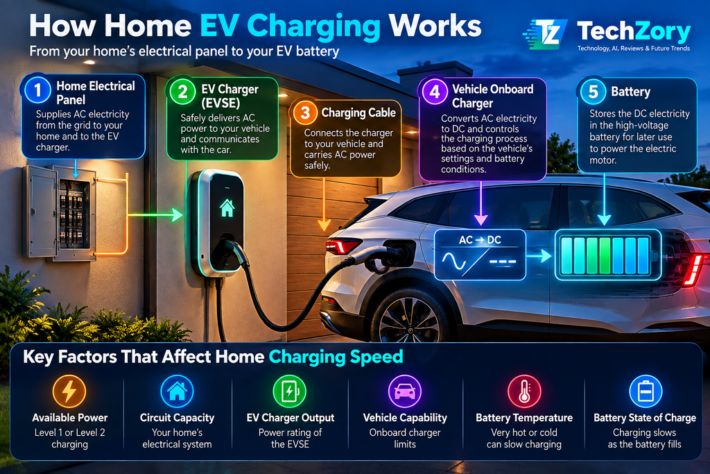 How home EV charging works from electrical panel to EVSE charging cable onboard charger and battery