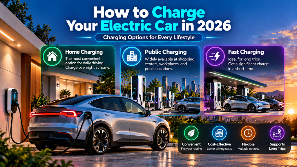 Electric car charging options in 2026 including home public and fast charging