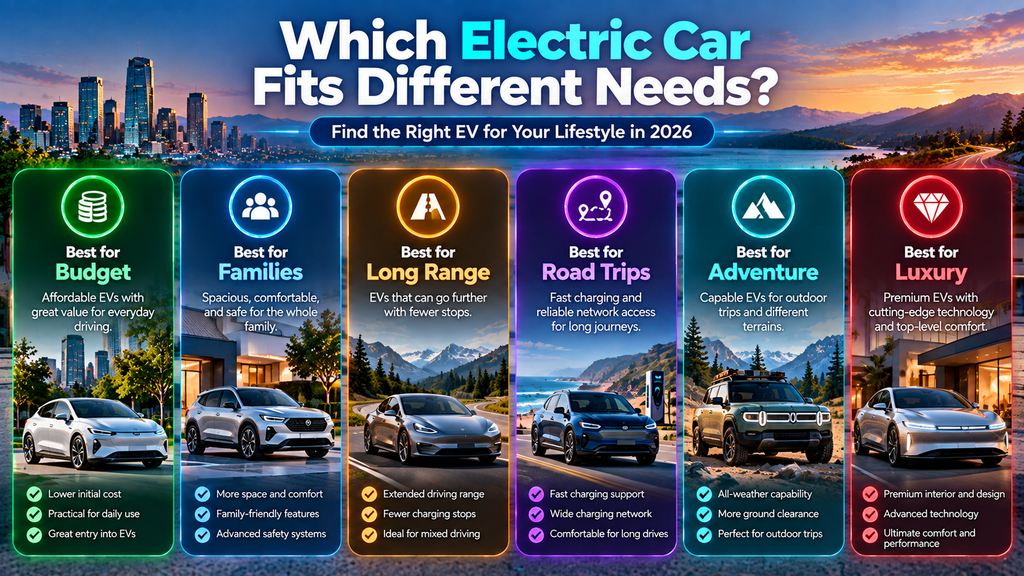 Electric cars for different needs in 2026 including budget family long range road trips adventure and luxury