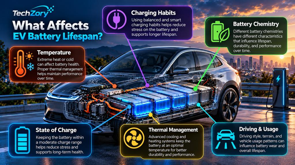 Factors that affect EV battery lifespan including temperature charging habits battery chemistry state of charge thermal management and driving usage
