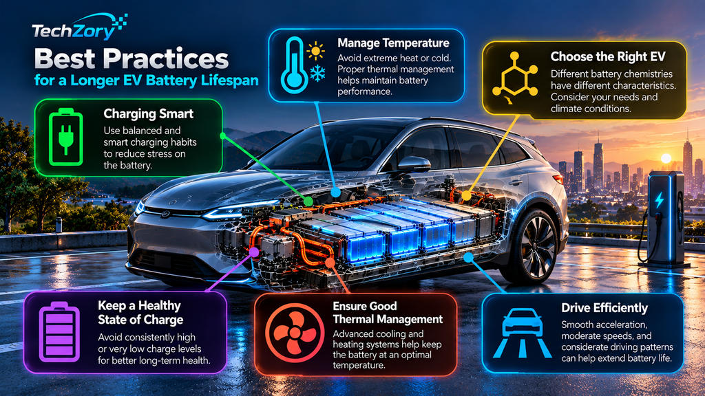 Best practices for extending EV battery lifespan including smart charging temperature management state of charge thermal management and efficient driving