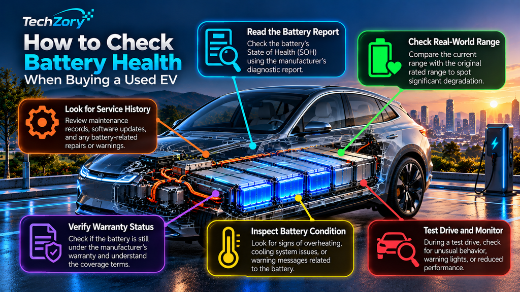 How to check EV battery health when buying a used electric vehicle including battery report range service history warranty and test drive