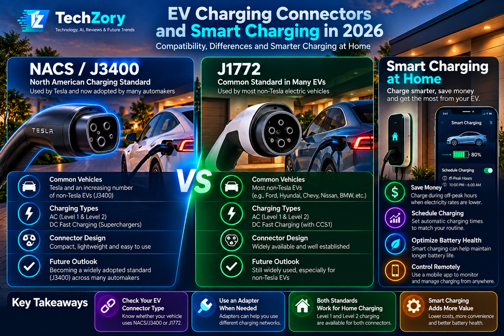 NACS J3400 vs J1772 EV charging connectors and smart home charging comparison in 2026