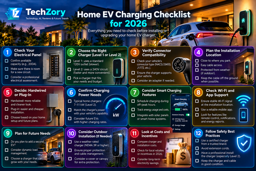 Home EV charging checklist for 2026 covering electrical panel charger type connector compatibility installation smart charging safety and costs