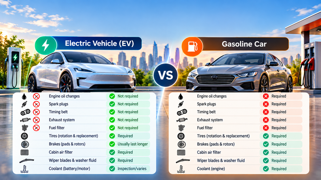 EV vs gasoline car maintenance comparison showing oil changes spark plugs tires brakes filters wipers and coolant