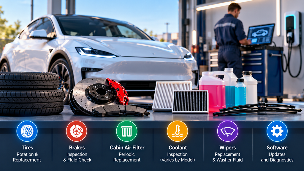 EV maintenance items including tires brakes cabin air filter coolant wipers software updates and diagnostics