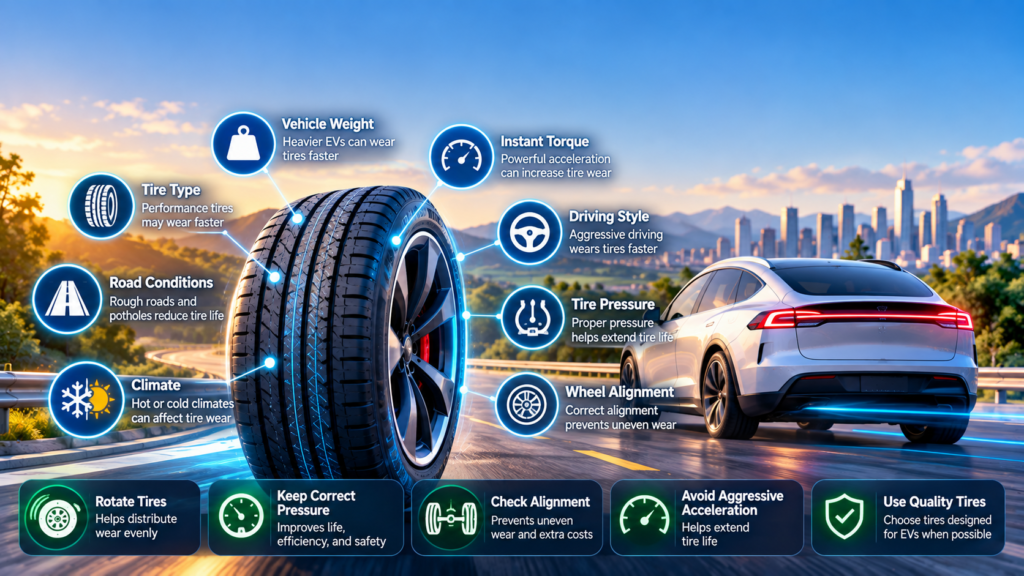 EV tire wear factors including vehicle weight instant torque driving style tire pressure wheel alignment road conditions and climate