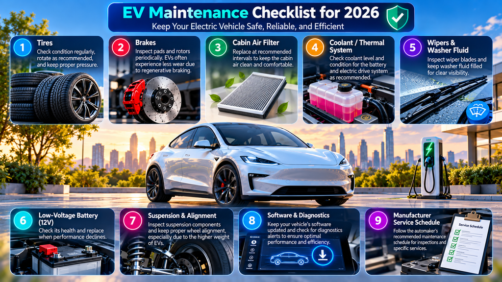 EV maintenance checklist for 2026 covering tires brakes cabin air filter coolant wipers low-voltage battery suspension software and service schedule