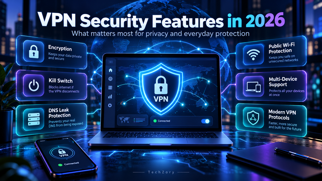 VPN security features in 2026 including encryption, kill switch, no-logs policy, and public Wi-Fi protection