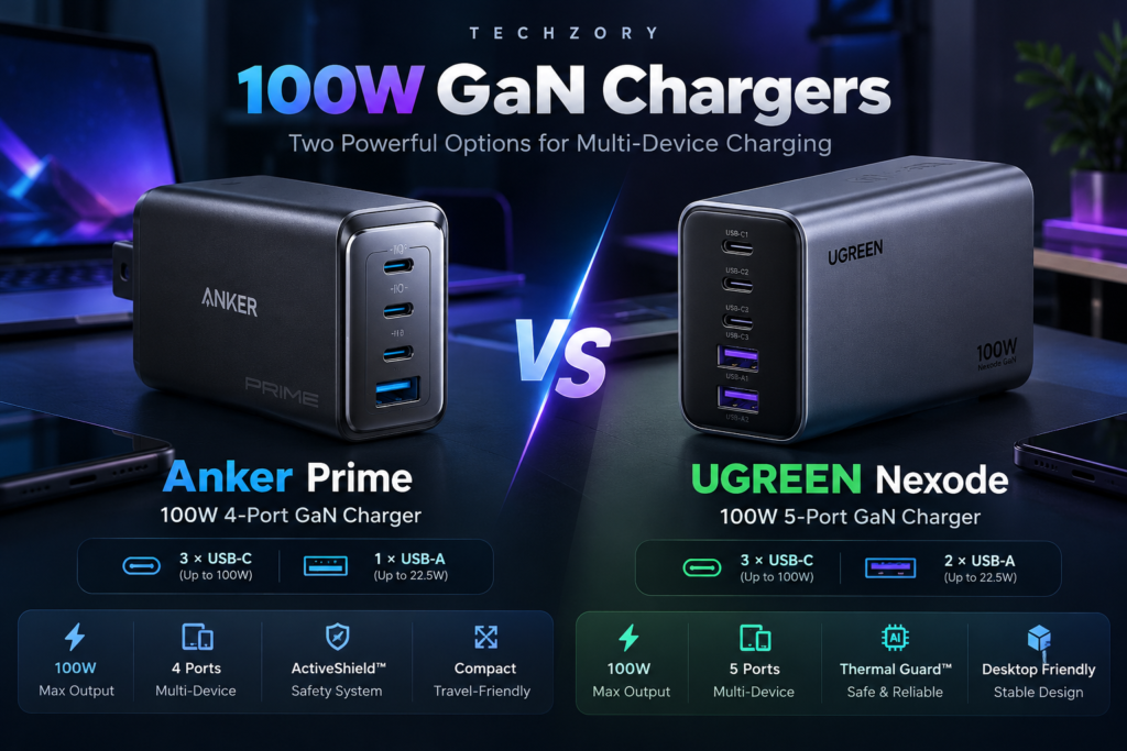 Anker Prime 100W 3-port vs UGREEN Nexode 100W 5-port GaN charger comparison, showing USB-C and USB-A port configurations.
