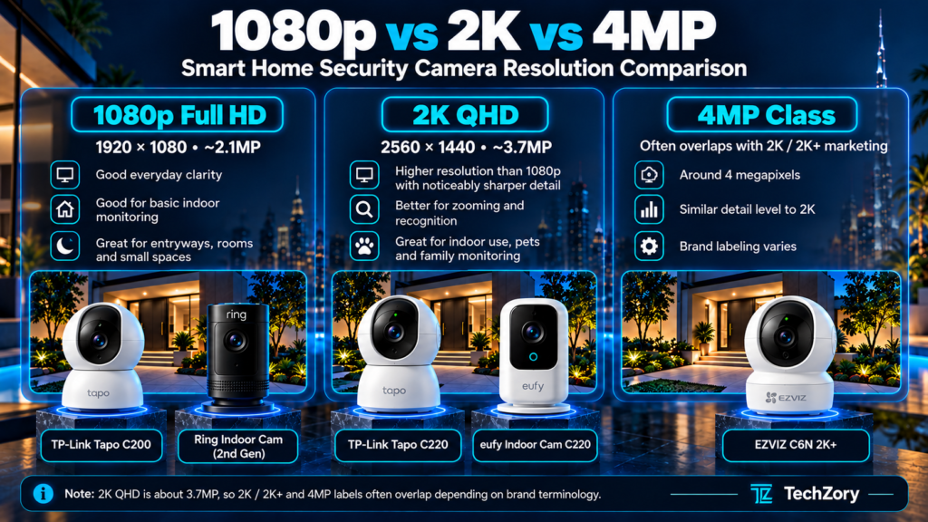 1080p vs 2K vs 4MP security camera resolution comparison featuring TP-Link Tapo C200, Tapo C220, eufy C220, Ring Indoor Cam and EZVIZ C6N.