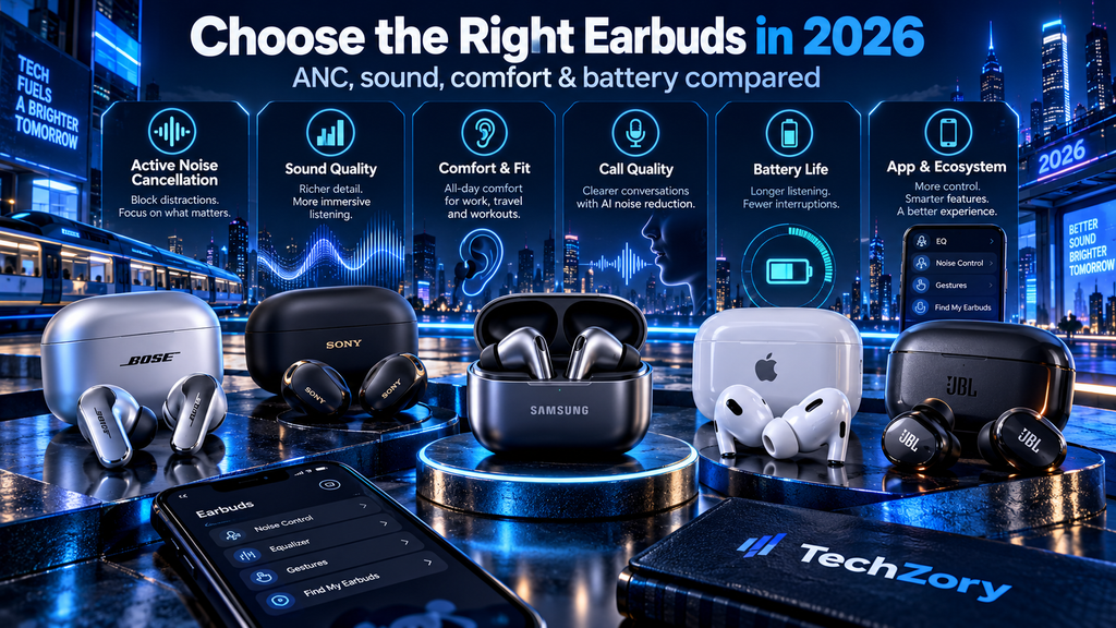 Wireless earbuds buying factors in 2026 including ANC, sound quality, comfort, call quality, battery life, and app ecosystem