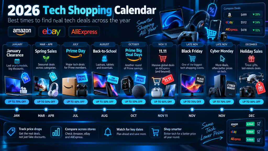 2026 tech shopping calendar showing Prime Day, back-to-school, Prime Big Deal Days, 11.11, Black Friday, Cyber Monday, and holiday sales