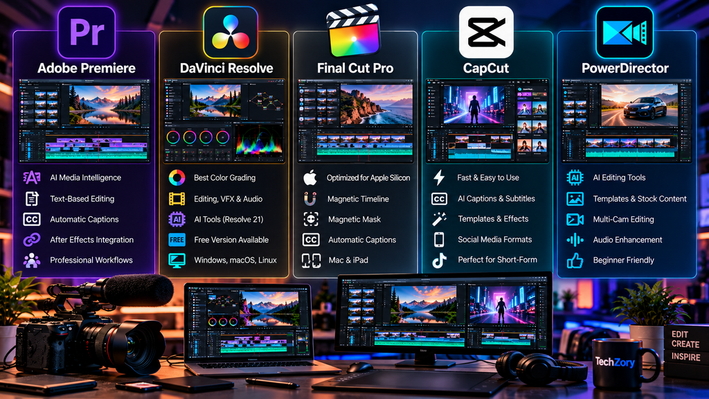 Video editing software comparison guide for 2026 featuring Adobe Premiere, DaVinci Resolve, Final Cut Pro, CapCut, and PowerDirector