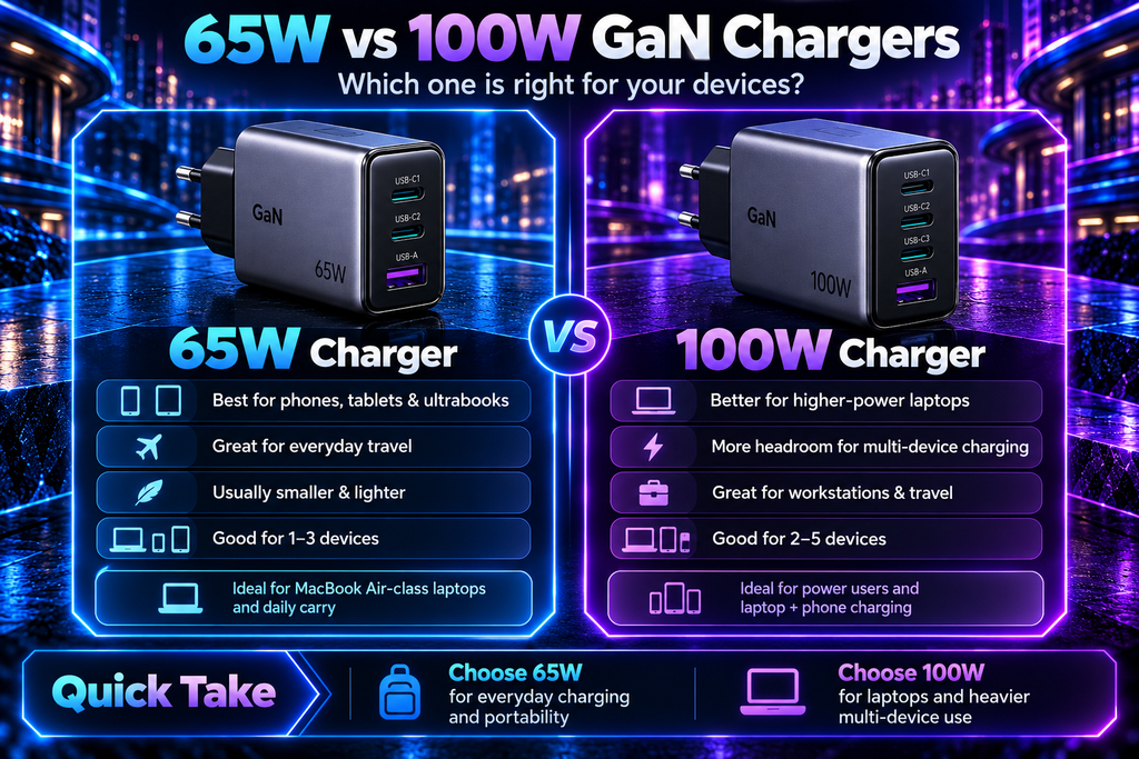 65W vs 100W GaN chargers comparison showing charging power, laptop compatibility, portability, and multi-device charging benefits.