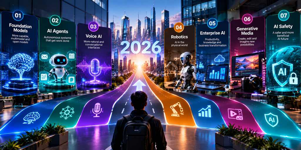 AI startup trends in 2026 including foundation models, AI agents, voice AI, robotics, enterprise AI, generative media, and AI safety
