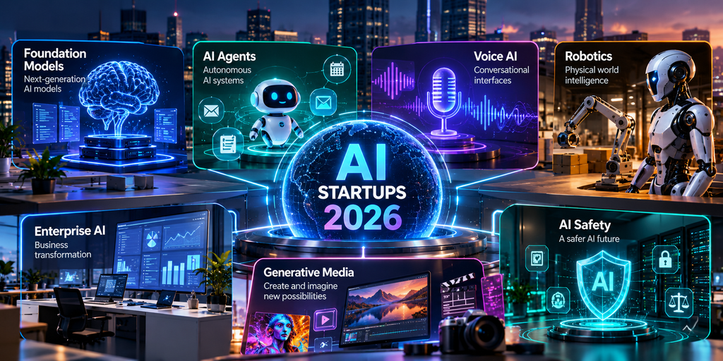 AI startup sectors in 2026 including foundation models, AI agents, voice AI, robotics, enterprise AI, generative media, and AI safety