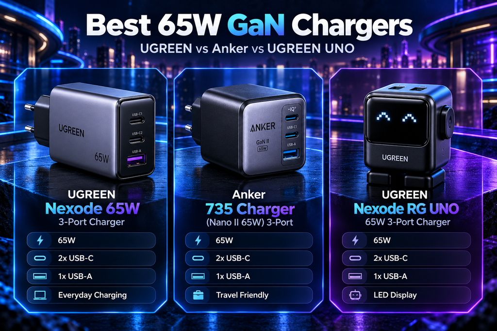 Comparison of three 65W GaN chargers: UGREEN Nexode 65W, Anker 735 Nano II 65W, and UGREEN Nexode RG UNO 65W.