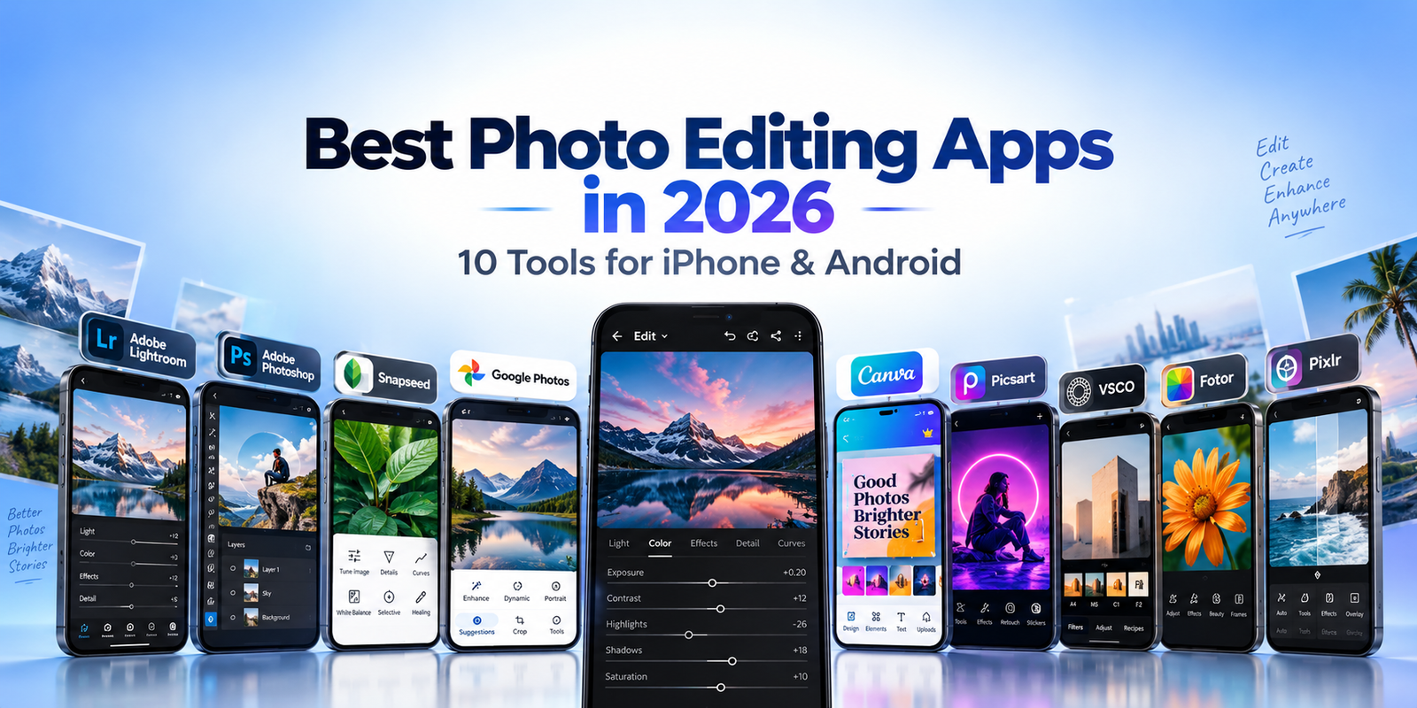 Best photo editing apps in 2026 for iPhone and Android including Lightroom, Photoshop, Snapseed, Canva, and VSCO