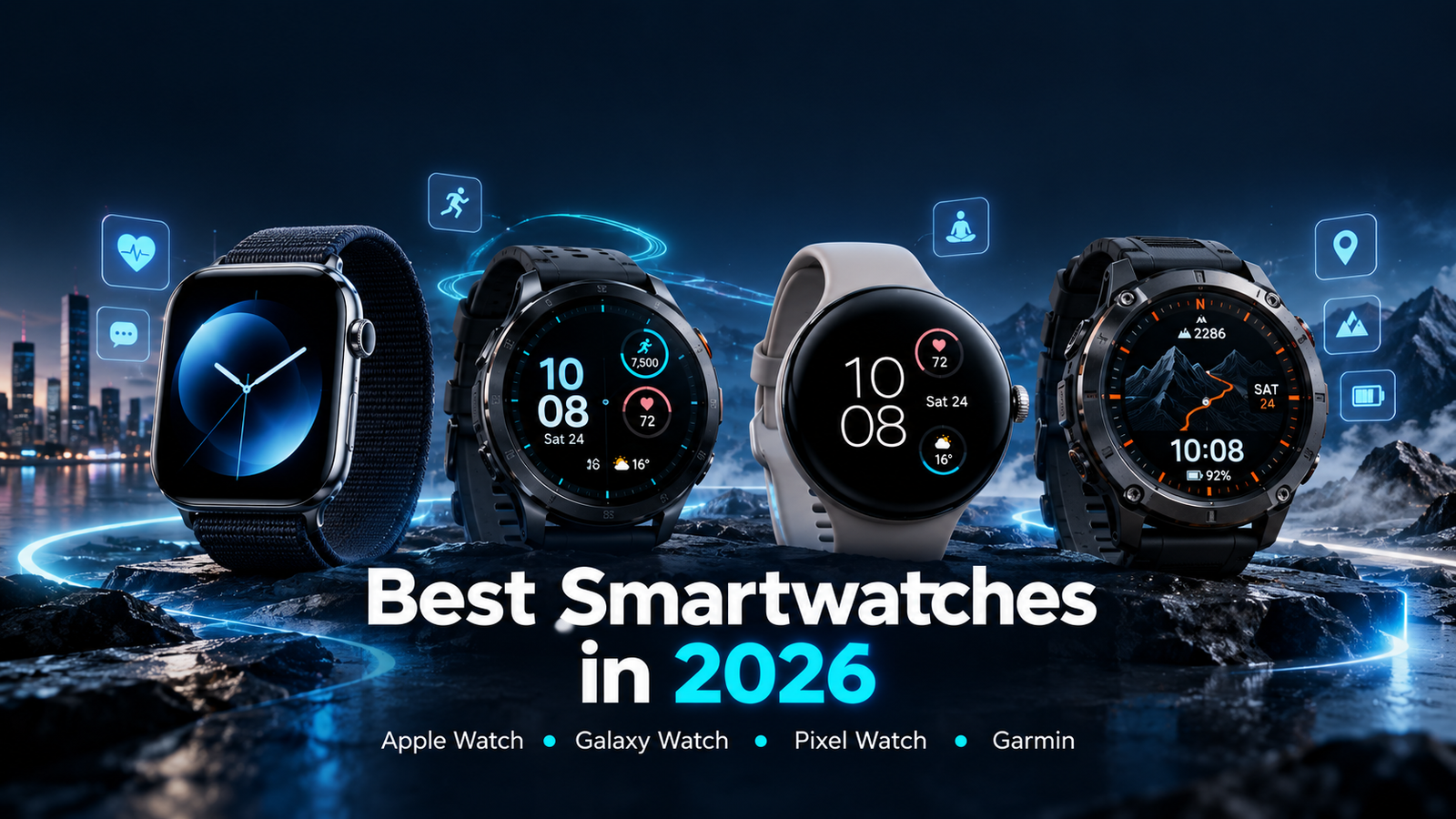 Best smartwatches in 2026 including Apple Watch, Galaxy Watch, Pixel Watch, and Garmin models compared