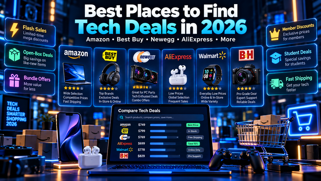 Best places to find tech deals in 2026 including Amazon, Best Buy, Newegg, AliExpress, Walmart, and B&H with price comparison