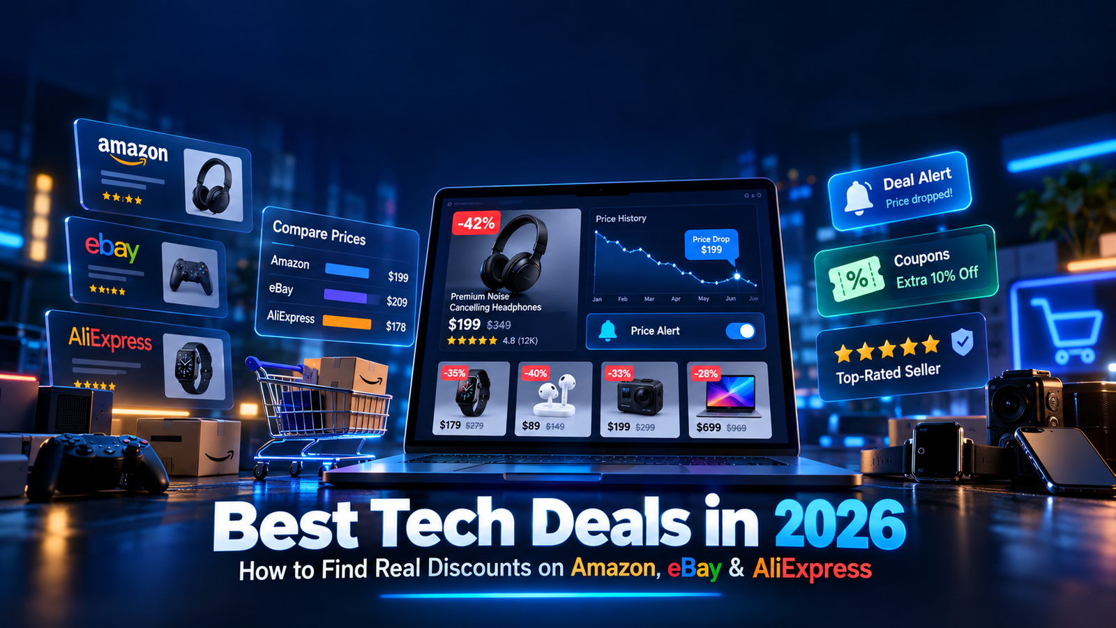 Best tech deals in 2026 on Amazon, eBay, and AliExpress with price comparison, deal alerts, coupons, and seller ratings