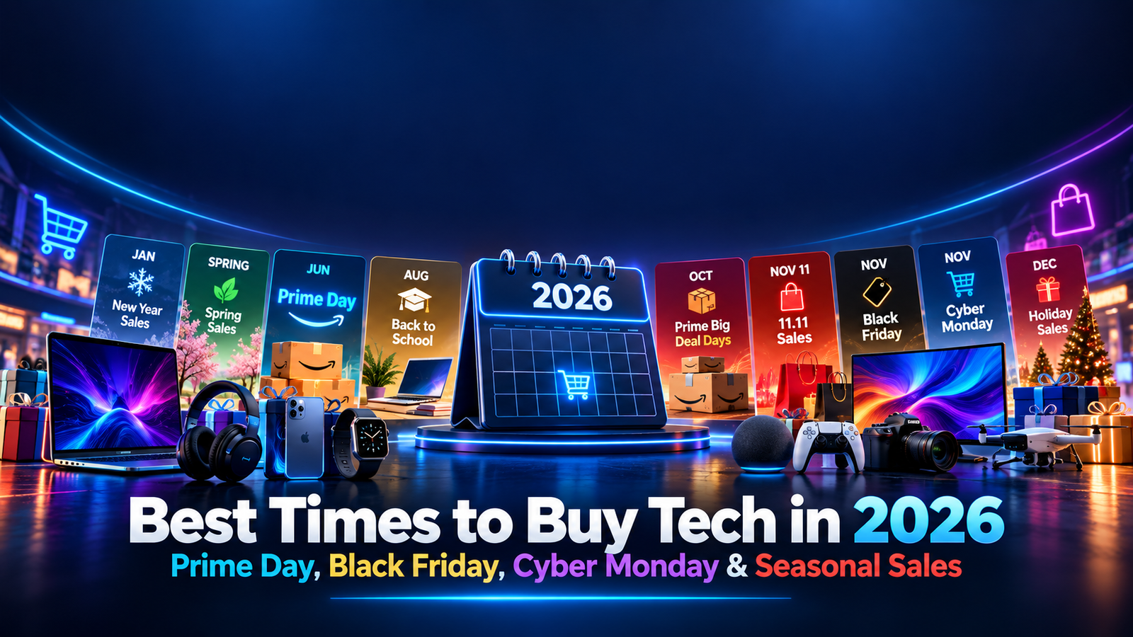 Best times to buy tech in 2026 including Prime Day, Black Friday, Cyber Monday, 11.11, back-to-school, and seasonal sales