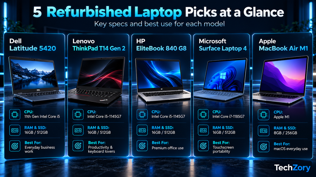 Comparison of five refurbished laptops on eBay in 2026: Dell Latitude 5420, Lenovo ThinkPad T14 Gen 2, HP EliteBook 840 G8, Microsoft Surface Laptop 4, and Apple MacBook Air M1