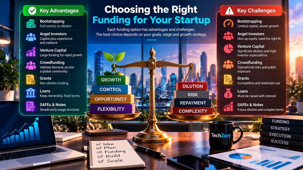 Startup funding advantages and challenges in 2026 including bootstrapping, angel investors, venture capital, crowdfunding, grants, loans, SAFEs, and convertible notes