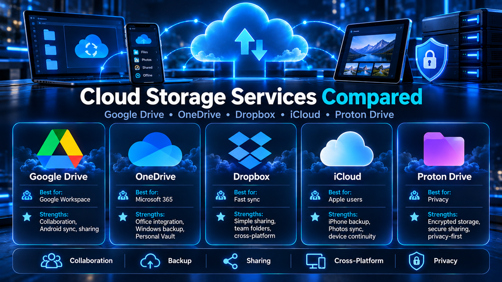 Cloud storage services compared in 2026 including Google Drive, OneDrive, Dropbox, iCloud, and Proton Drive