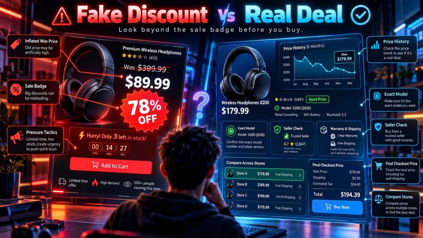 Fake discount vs real tech deal in 2026 showing inflated prices, price history, exact model checks, seller verification, checkout price, and store comparison
