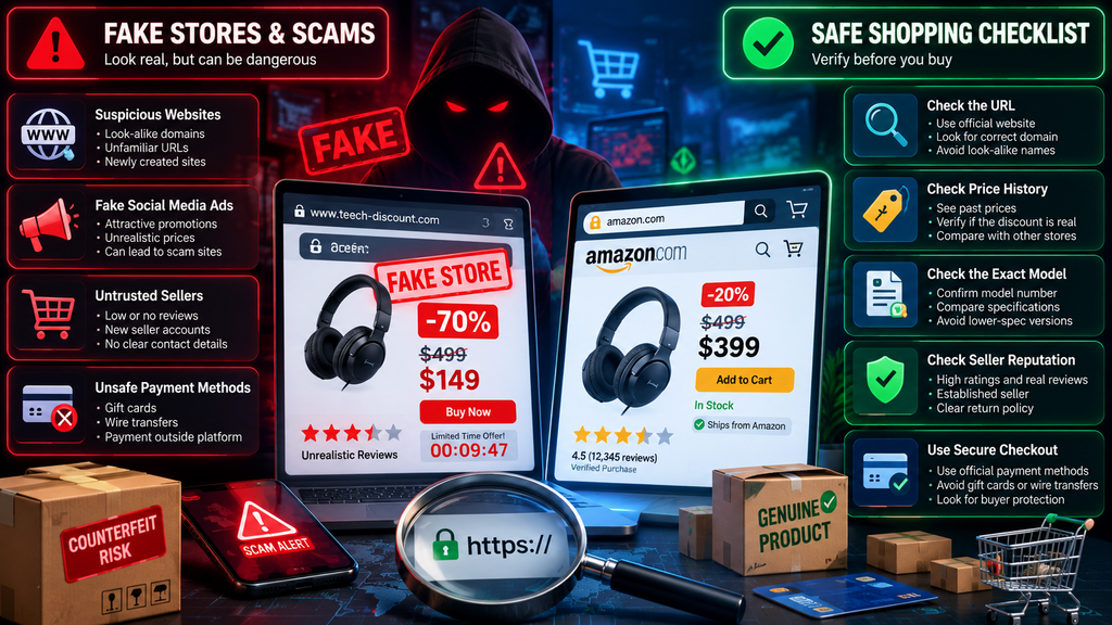 Fake online stores and shopping scams in 2026 showing suspicious websites, fake ads, untrusted sellers, unsafe payments, secure checkout, seller checks, and URL verification