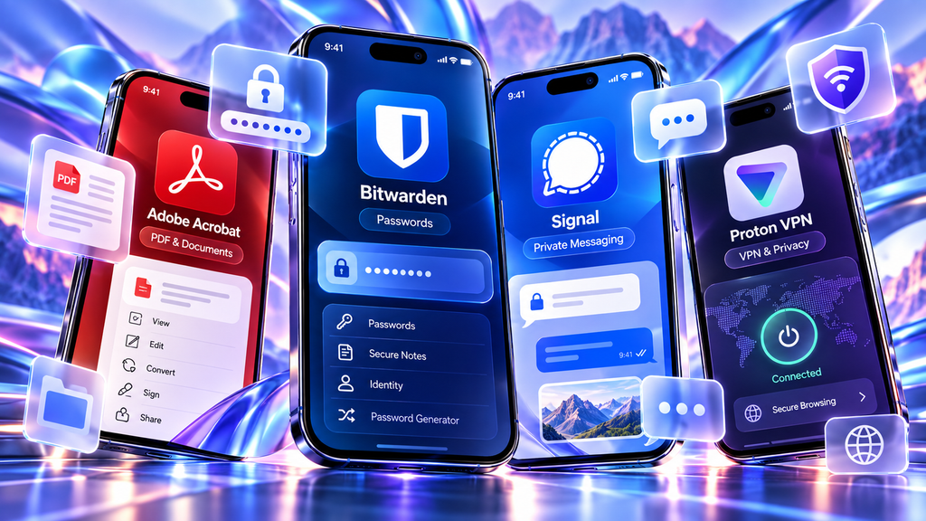 Mobile security and privacy apps including Adobe Acrobat, Bitwarden, Signal, and Proton VPN