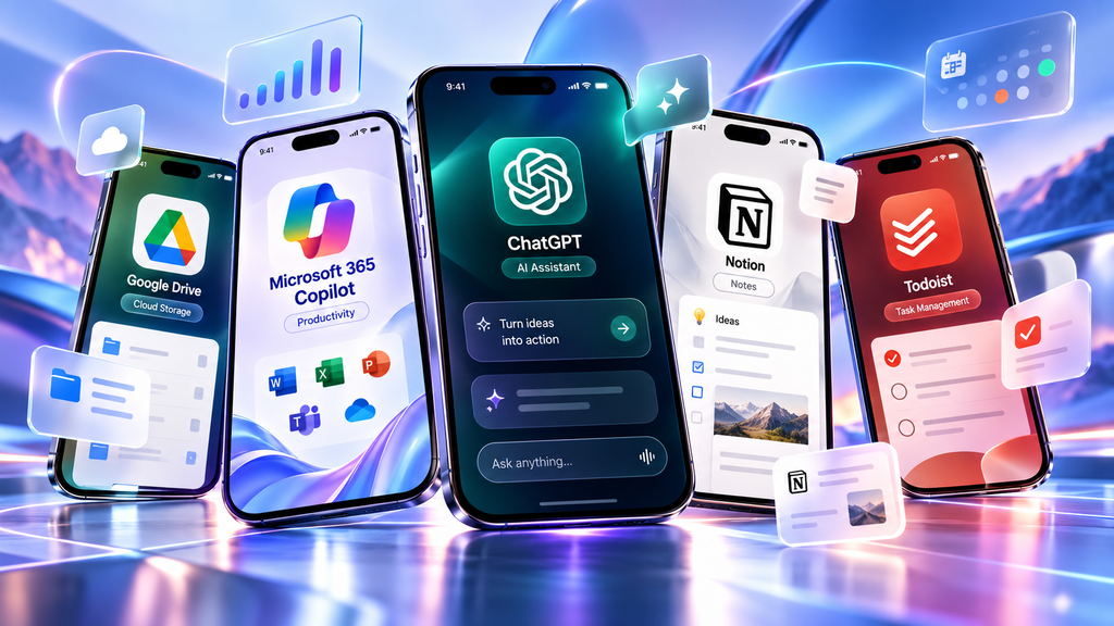 Productivity and AI mobile apps including ChatGPT, Microsoft 365 Copilot, Notion, Todoist, and Google Drive