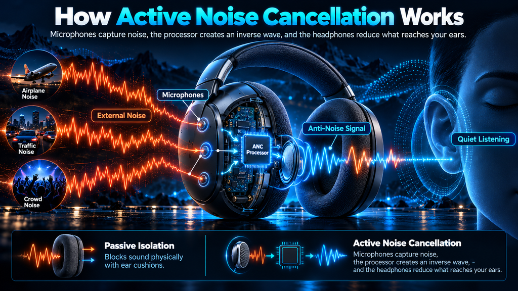 How active noise cancellation works using microphones, an ANC processor, and anti-noise signals to reduce external sound