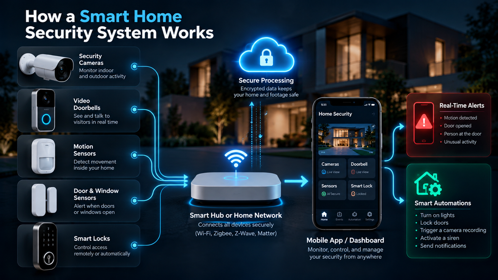 Smart home security hub connecting cameras, video doorbells, sensors, smart locks, mobile apps, alerts, and automation through Wi-Fi, Zigbee, Z-Wave, and Matter