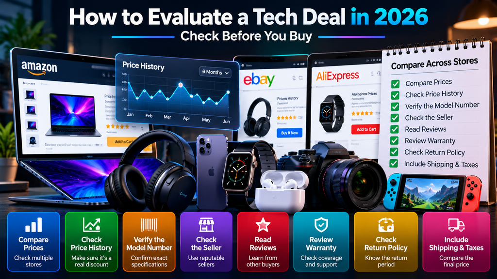 How to evaluate a tech deal in 2026 using price history, store comparison, seller checks, reviews, warranty, returns, shipping, and taxes