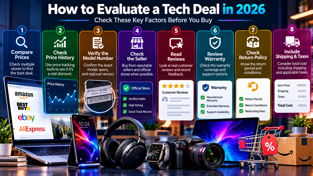 Tech deal buying checklist for 2026 covering price comparison, price history, model verification, seller reviews, warranty, returns, shipping, and taxes