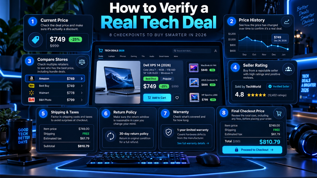 How to verify a real tech deal in 2026 using price history, store comparison, seller ratings, shipping, returns, warranty, and final checkout price