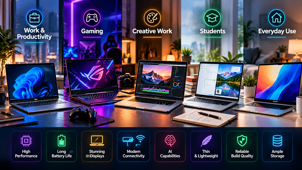 Laptop comparison in 2026 showing work, gaming, creative, student, and everyday use with performance, battery, display, connectivity, AI, portability, build quality, and storage features