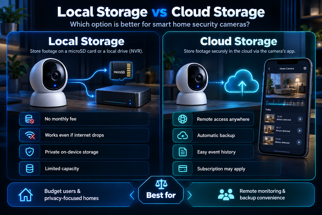 Local storage vs cloud storage comparison for smart home security cameras, showing microSD recording, cloud backup, privacy, subscription costs, and remote access.