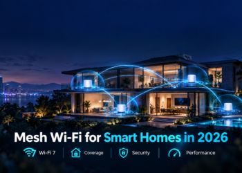 Mesh Wi-Fi for smart homes in 2026 with Wi-Fi 7, multiple mesh nodes, whole-home coverage, security, and high-performance connectivity