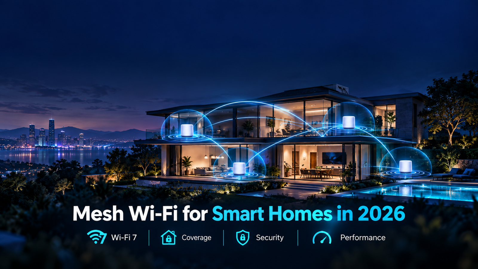Mesh Wi-Fi for smart homes in 2026 with Wi-Fi 7, multiple mesh nodes, whole-home coverage, security, and high-performance connectivity