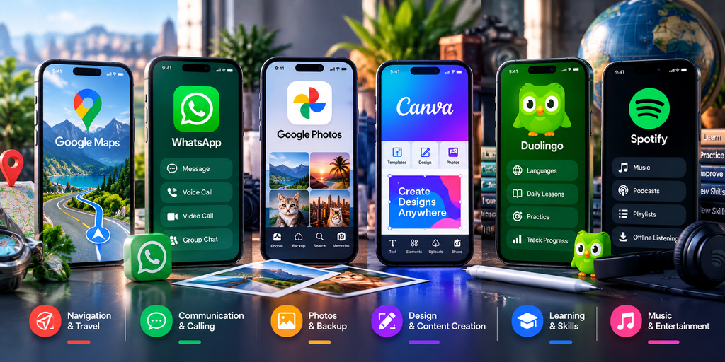 Everyday mobile apps including Google Maps, WhatsApp, Google Photos, Canva, Duolingo, and Spotify