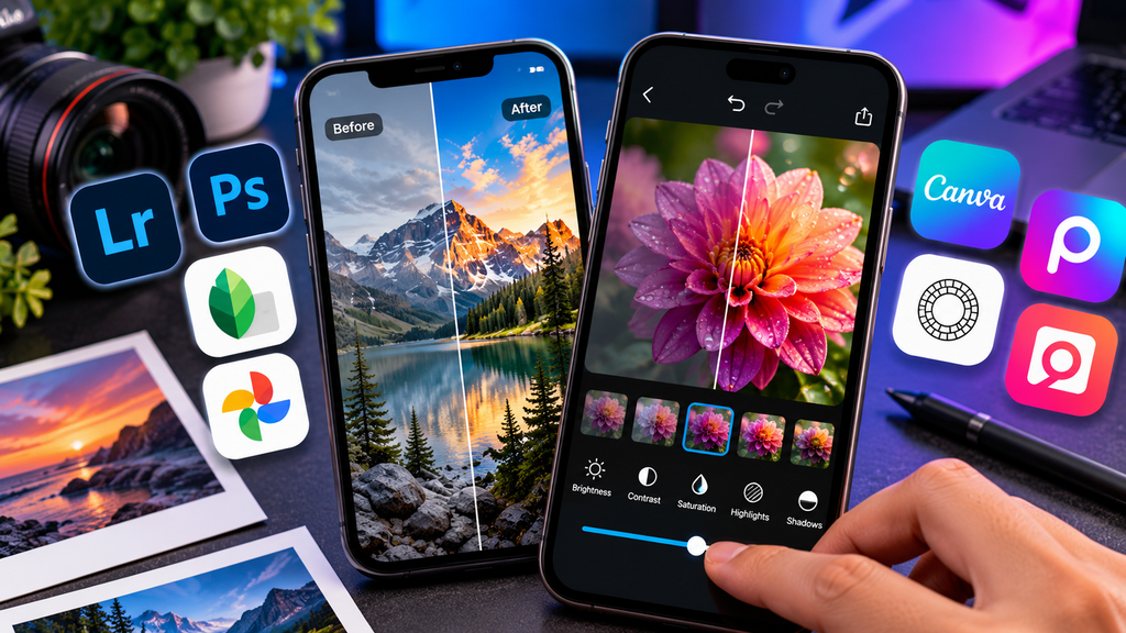 Before and after mobile photo editing using Lightroom, Photoshop, Snapseed, Google Photos, Canva, Picsart, and VSCO