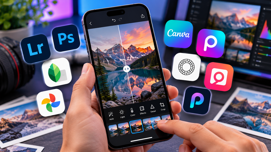Mobile photo editing apps including Lightroom, Photoshop, Snapseed, Google Photos, Canva, Picsart, and VSCO