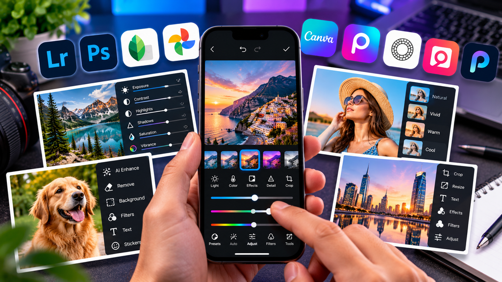Photo editing workflows using Lightroom, Photoshop, Snapseed, Google Photos, Canva, Picsart, VSCO, and other mobile editing apps
