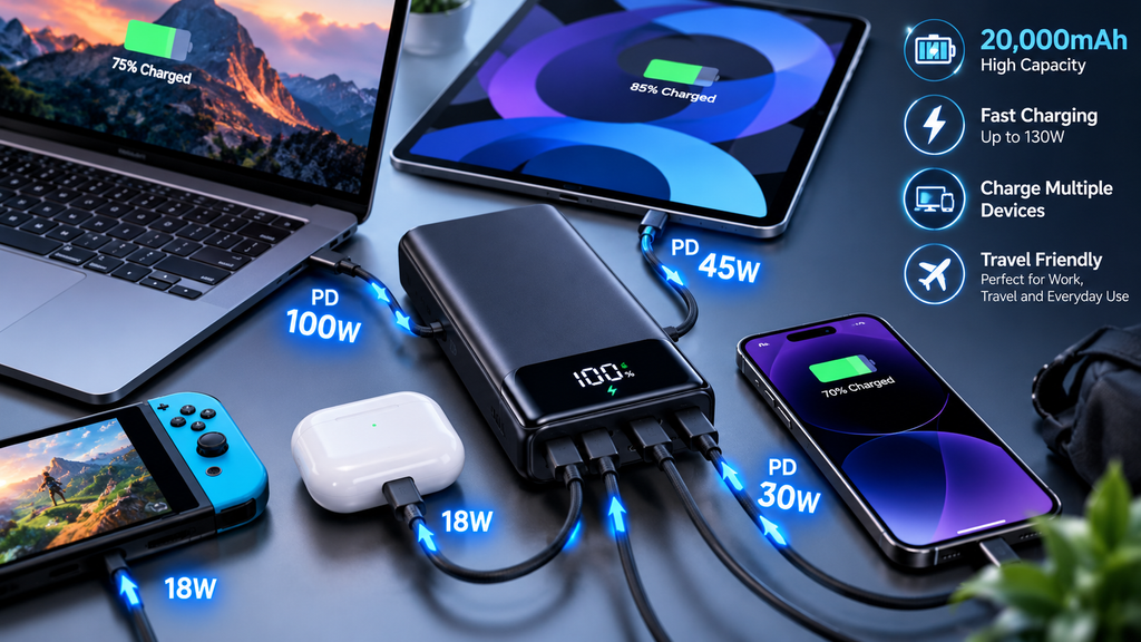 20000mAh power bank fast charging a laptop, tablet, smartphone and accessories