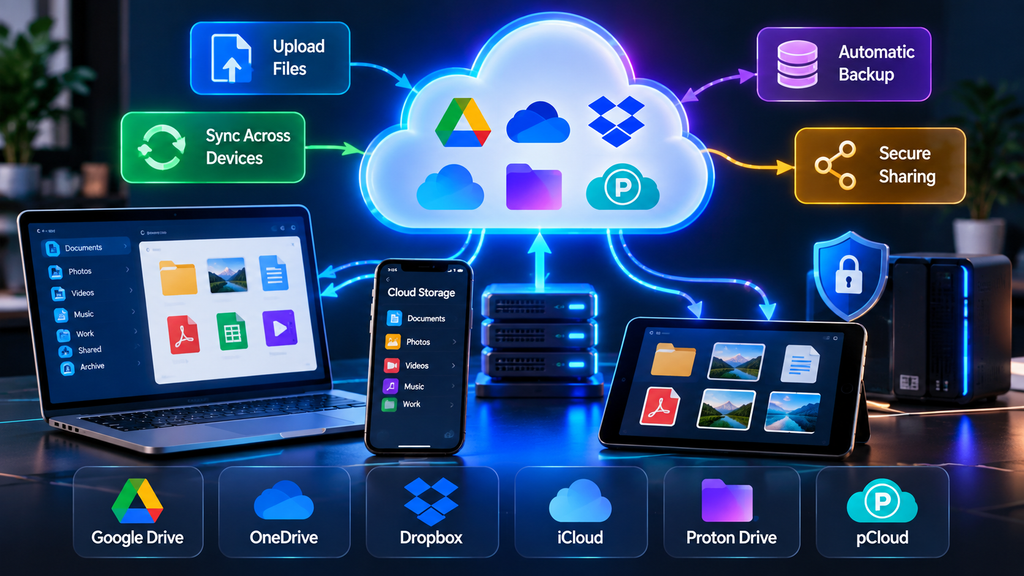 How cloud storage works across laptop, smartphone, tablet, and cloud servers with file upload, sync, backup, and secure sharing