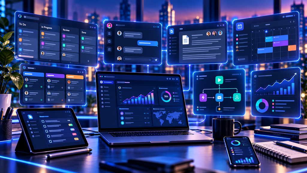 Startup productivity workflow with project management, team communication, documents, scheduling, automation, and analytics tools